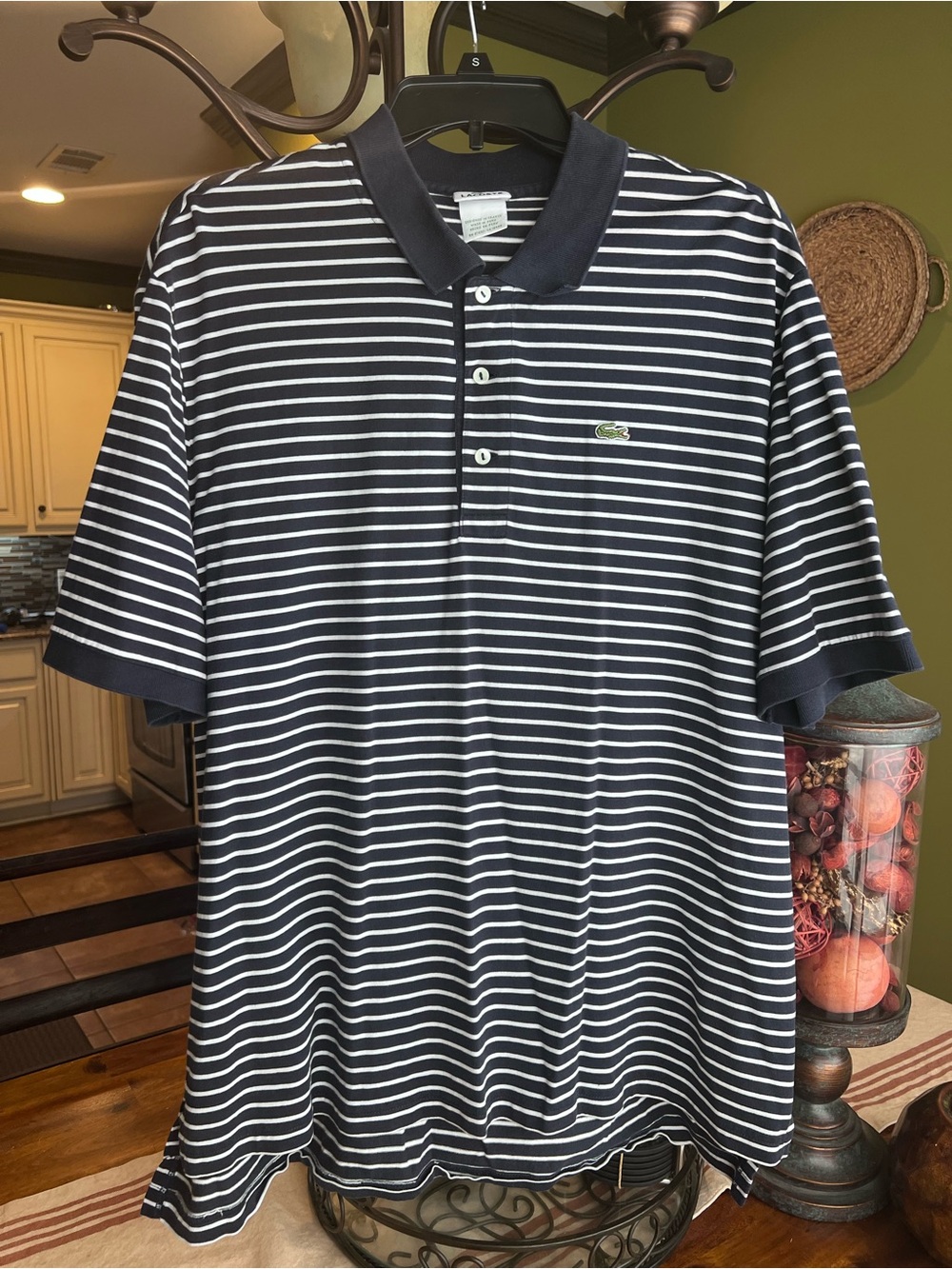 Lacoste Navy and White Striped Polo Shirt